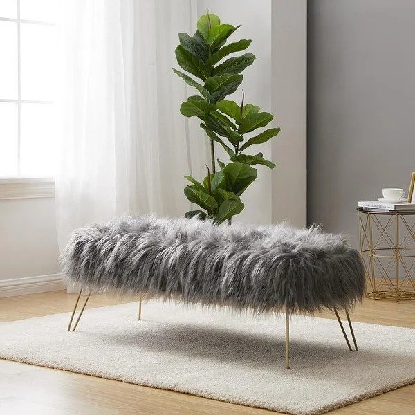 Nilsson Contemporary Faux Fur Long Bench Ottoman - Grey