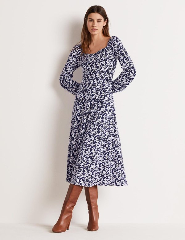 Square Neck Jersey Midi Dress - Navy Paisley Meadow | Boden US