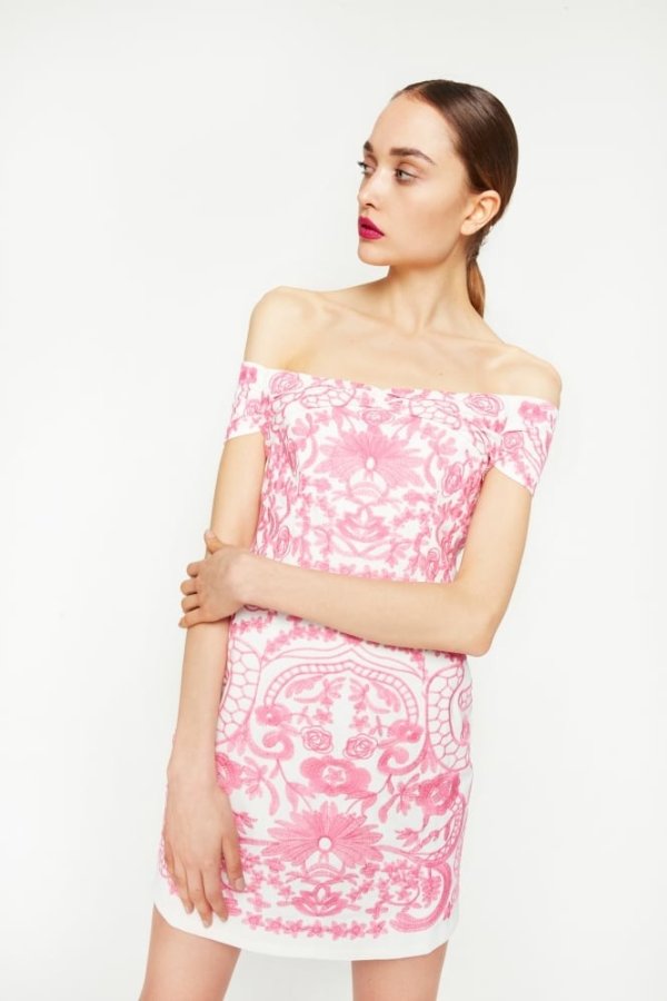 Foxie Dox Off-The-Shoulder Embroidered Mini Dress