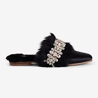 Satin Faux Fur Lined Embellished Slippers