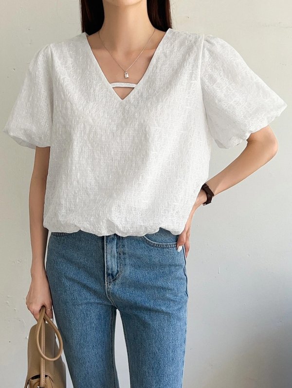DAZY Puff Sleeve Cut Out V Neck Blouse