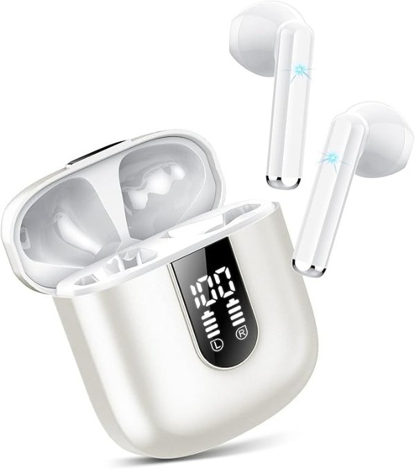 Jesebang Wireless Earbuds, 2024 Bluetooth 5.3 Headphones, Stereo Earphones with ENC Mic, Wireless Headphones in ear earbuds with Dual LED Display, 30H Playtime, Gym Headphones IP7 Waterproof, Ceramic White