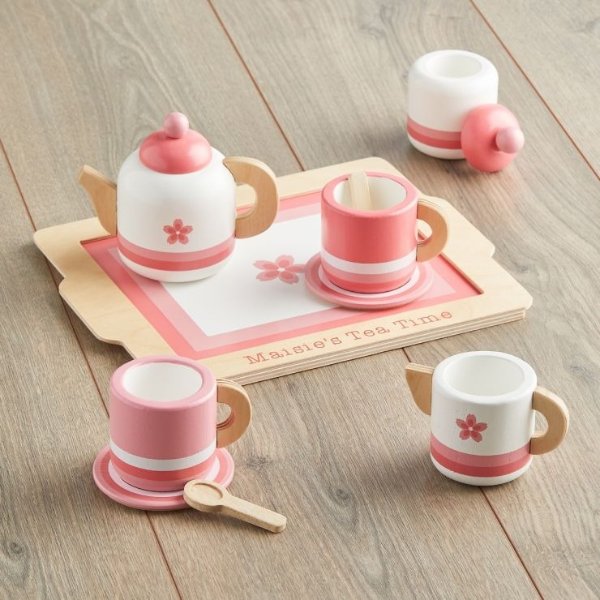 Personalized Pink Wooden Tea Set