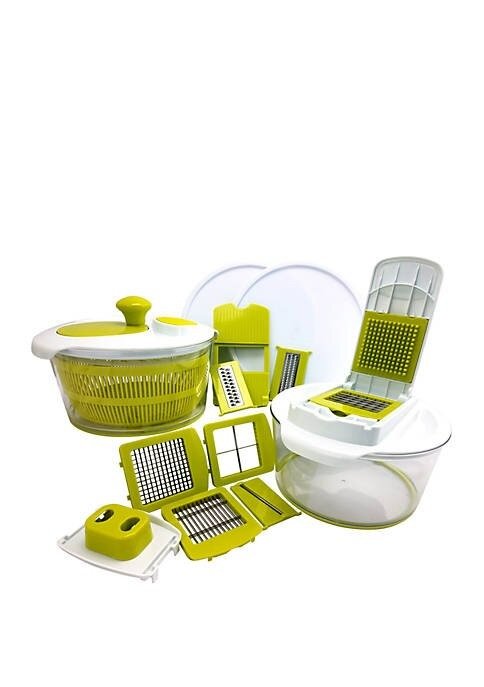 10 in 1 Multi Use Salad Spinning Slicer, Dicer and Chopper with Interchangeable Blades and Storage Lids