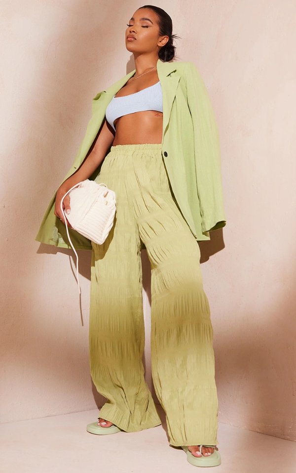 Green Textured Extreme Wide Leg Pants
