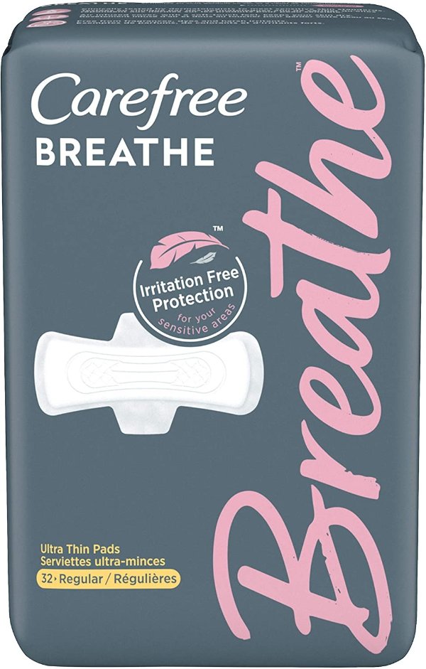 Breathe Ultra Thin Regular Pads with Wings, Irritation-Free Protection, 32 Count