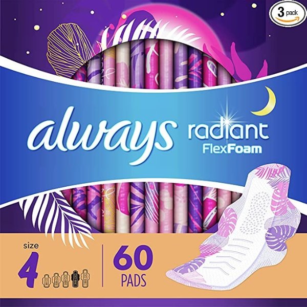 Radiant Feminine Pads for Women, Size 4, 60 Count