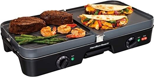 3-in-1 Electric Indoor Grill + Griddle, 8-Serving, Reversible Nonstick Plates, 2 Cooking Zones with Adjustable Temperature (38546), Black