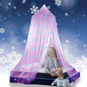 Eimilaly Princess Bed Canopy Glow in The Dark, Christmas Snowflakes Bed Canopy for Girls Room Decor,