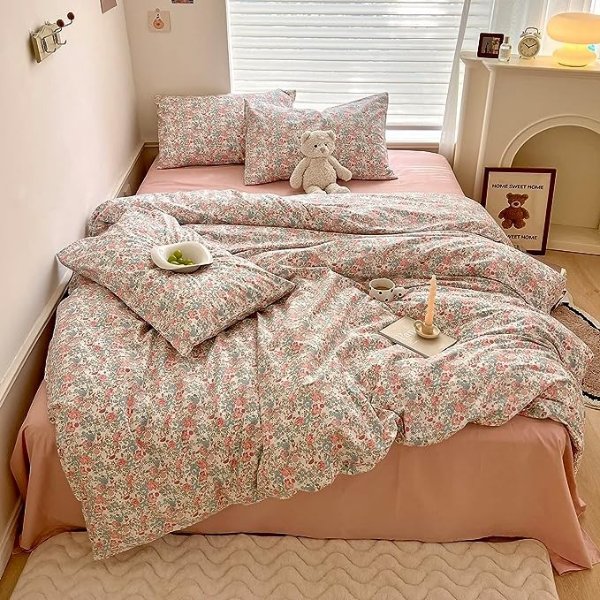 BuLuTu Pink Rose Queen Duvet Cover Set with Rabbits Animals Pattern Comforter Cove 100% Cotton Queen Size Comforter Cover for Teens,Girls,Women Floral Dorm Quilt Cover
