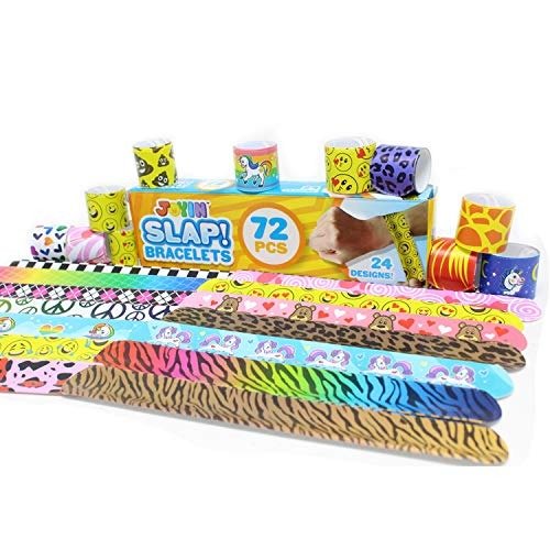 72 PCs Slap Bracelets Valentines Day Party Favors Pack (24 Designs) with Colorful Hearts Animal Emoji and Unicorn for Valentines Gift and Classroom Exchange