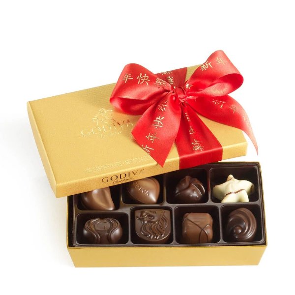 Assorted Chocolate Gold Gift Box, Lunar New Year Ribbon, 8 pc.