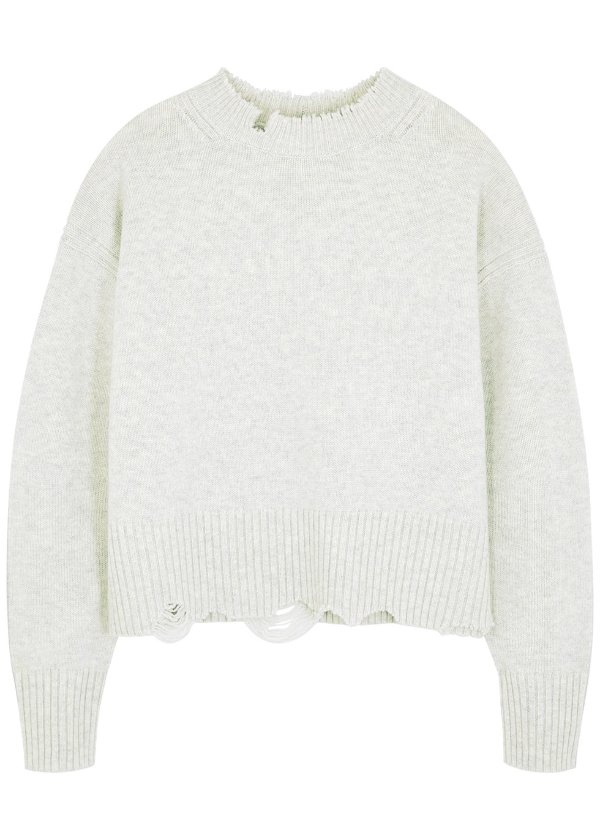 Light grey distressed wool-blend jumper