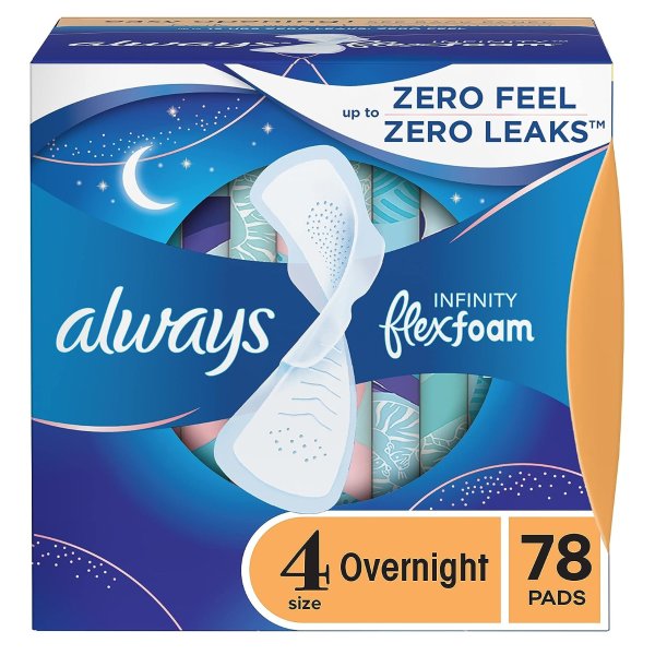 Infinity Feminine Pads For Women, Size 4 Overnight Absorbency, Multipack, With Flexfoam, With Wings, Unscented, 26 Count x 3 Packs