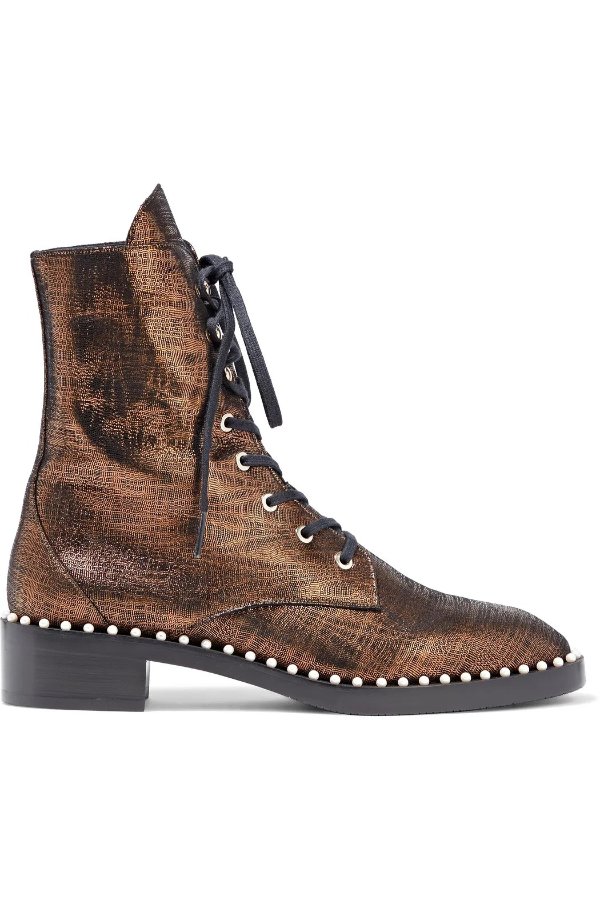 Sondra faux pearl-embellished metallic leather combat boots
