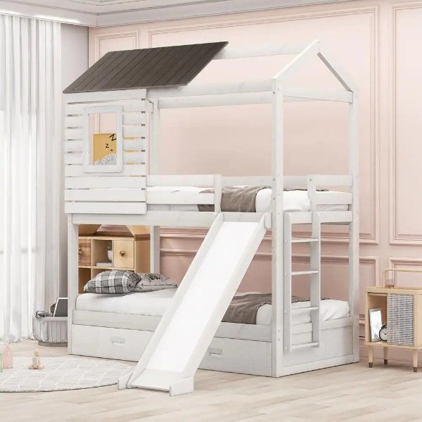 Antique White Twin over Twin Wood Bunk Bed with Two Storage Drawers and Slide, House-Shaped