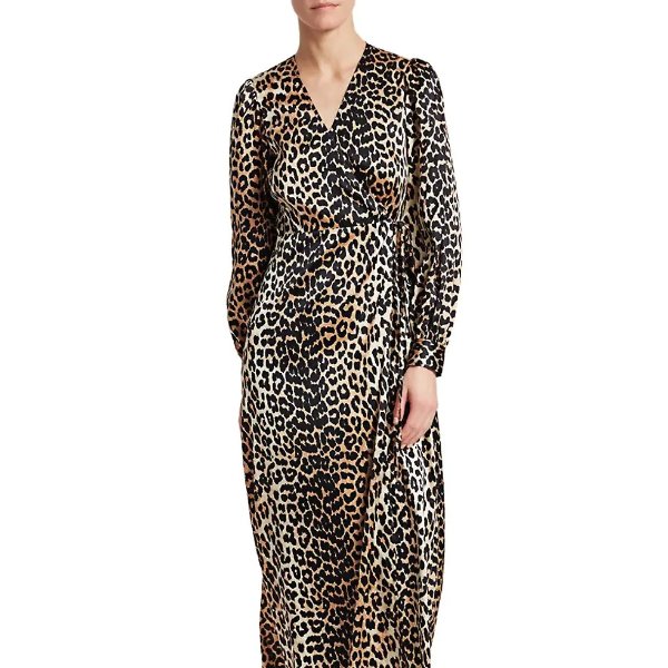 Stretch Silk Satin Leopard Wrap Dress