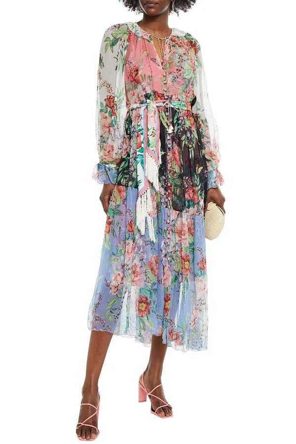 Bellitude asymmetric belted floral-print silk-crepon midi dress