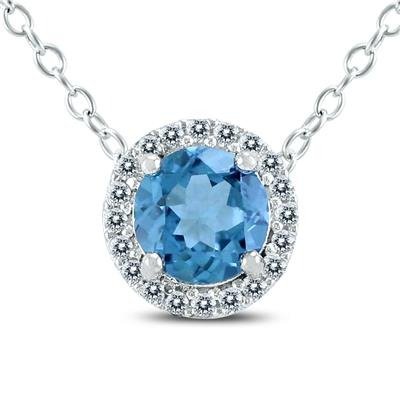 Blue Topaz And Created White Sapphire Halo Pendant Necklace in .925 Sterling Silver