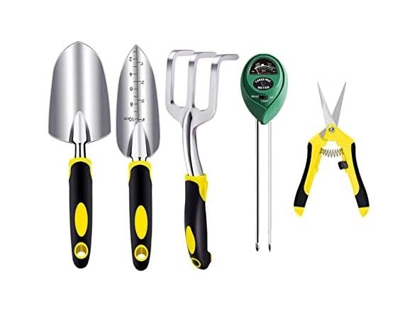5Pcs Garden Tool Set, Heavy-Duty Aluminum Garden Kit Includes Hand Trowel, Transplant Trowel, Cultivator Hand Rake, 3-in-1 Plant Tester, and 6.5" Pruning Shears
