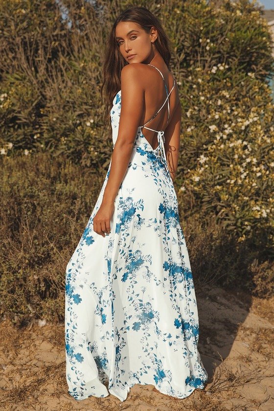 Celebrate the Day White Floral Print Lace-Up Maxi Dress