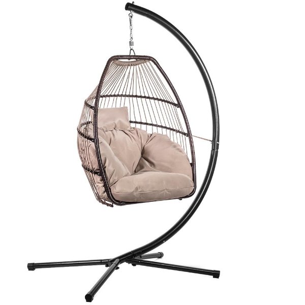 Wicker Egg-Shaped Patio Swing Chair with Beige Cushion and Heavy-Duty Frame