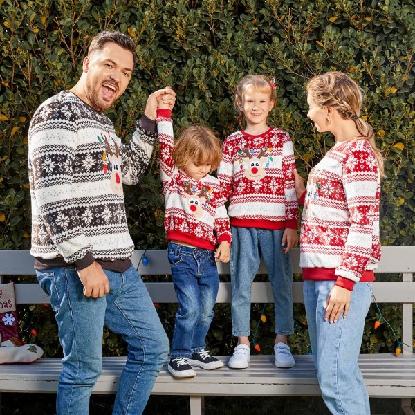 Christmas Family Matching Reindeer Embroidered Allover Pattern Long-sleeve Fuzzy Flannel Tops