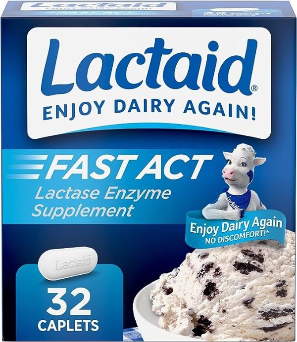 Fast Act Lactose Intolerance Relief Caplets with Lactase Enzyme to Prevent Gas, Bloating & Diarrhea Due to Lactose Sensitivity, Ideal for Travel & On-the-Go, 32 Packs of 1-count