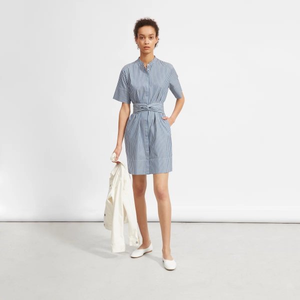 The Cotton Collarless Belted Shirtdress