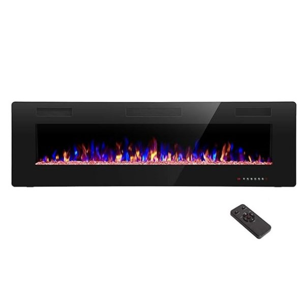 R.W.FLAME 60" Recessed and Wall Mounted Electric Fireplace, Low Noise, Remote Control with Timer, Touch Screen, Adjustable Flame Color and Speed, 750-1500W