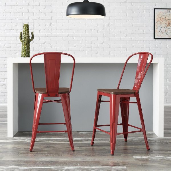 Finwick Chili Red Metal Counter Stool with Back and Wood Seat (Set of 2) (17.72 in. W x 38.78 in. H)