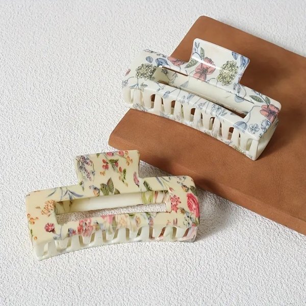 2 Pcs Vintage Flower Printed Rectangle Hair Claw Clips, Non-Slip Strong Hold Jaw Hair Clips, Styling Accessories For Women Girls Thin Thick Hair