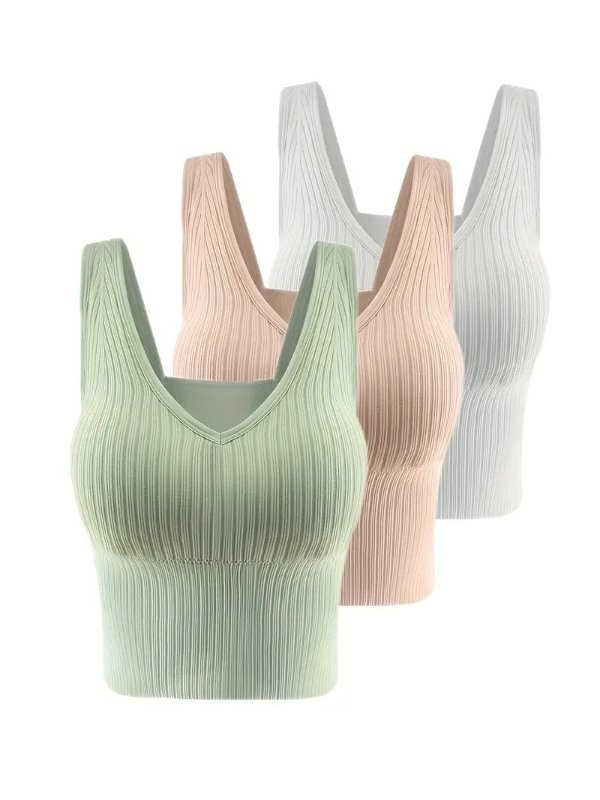 3pcs Solid Ribbed Tank Tops, Simple V Neck Padded Top, Women's Lingerie & Underwear