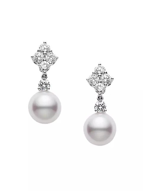 7.5MM White Cultured Akoya Pearl, Diamond & 18K White Gold Drop Earrings