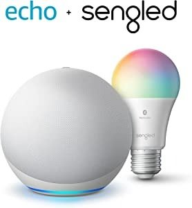 Echo (4th Gen) | Glacier White with Sengled Bluetooth Color bulb | Alexa smart home starter kit