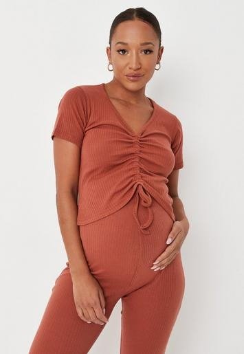 Missguided - Rust Rib Short Sleeve Ruched Front Maternity Top