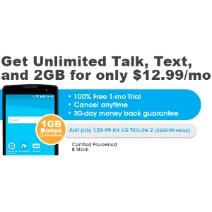 LG Tribute 2 Pre-Owned + Unlimited Talk, Text, and 2GB trial + 1GB