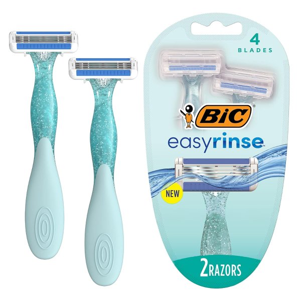 BIC EasyRinse Anti-Clogging Women's Disposable Razors for a Smoother Shave With Less Irritation*, Easy Rinse Shaving Razors With 4 Blades, 2 Count