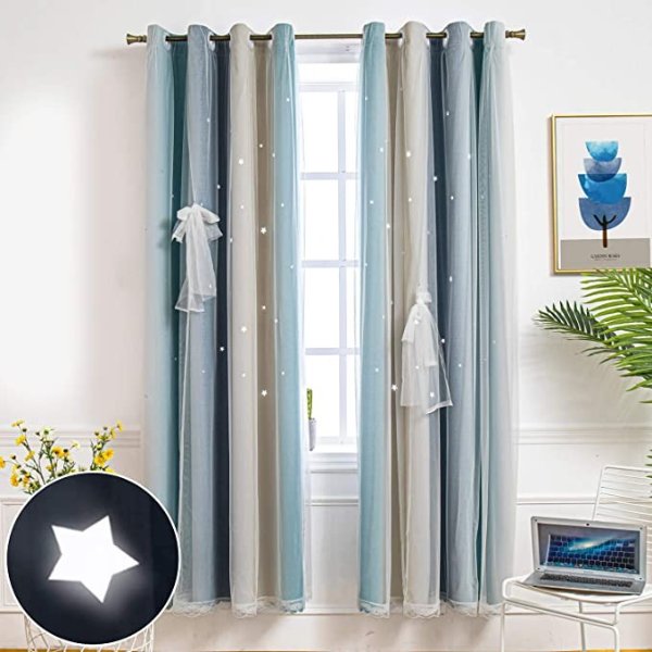 Hughapy Star Curtains Stars Blackout Curtains for Kids Girls Bedroom Living Room Colorful Double Layer Star Cut Out Stripe Window Curtains, 1 Panel -(52W x 95L, Blue/Yellow)