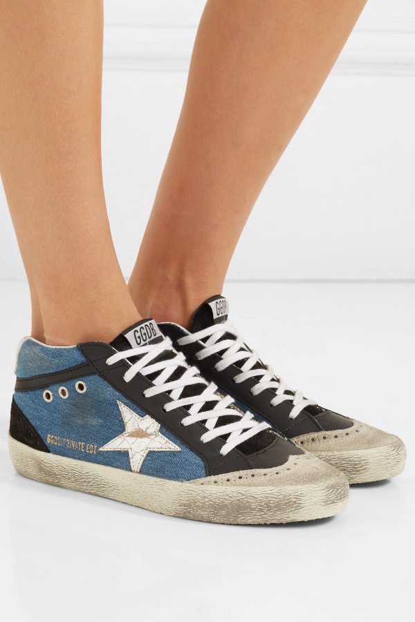 Superstar distressed denim, leather and suede sneakers