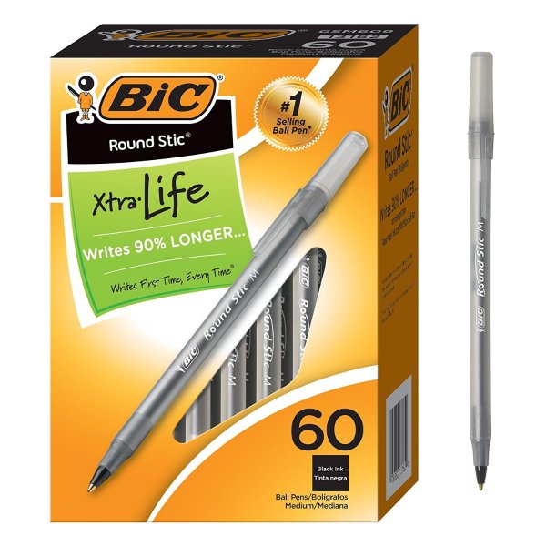 Round Stic Xtra Life Ballpoint Pen, Medium Point (1.0mm), Black, 60-Count