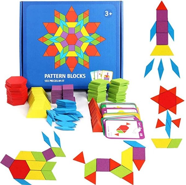 155 Pcs Wooden Pattern Blocks Set Geometric Shape Puzzle Kindergarten Classic Educational Montessori Tangram Toys for Kids Ages 4-8 with 24 Pcs Design Cards