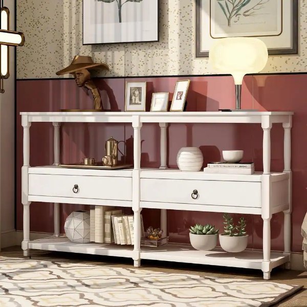 57.9 in. White Rectangle Wood Console Table with 3-Tier Open Storage Shelf and 2-Drawers Weight Capacity 243.7 lbs.