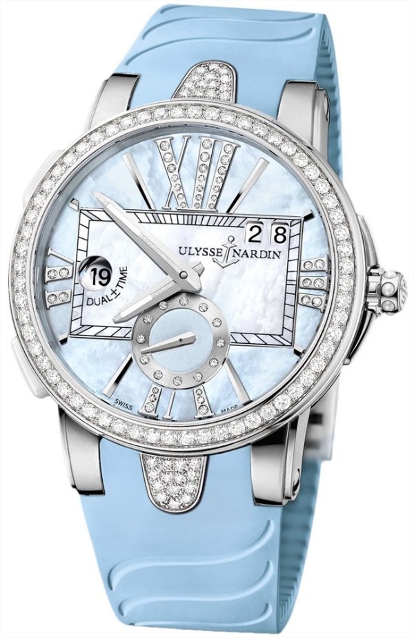 Executive Dual Time Automatic Blue Mother Of Pearl Diamond Dial Ladies Rubber Watch
