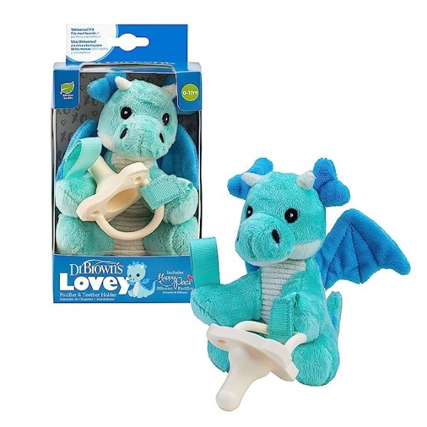 Dr. Brown's Baby Lovey Pacifier & Teether Holder, Dragon with Ecru HappyPaci, 100% Silicone, 0-6m