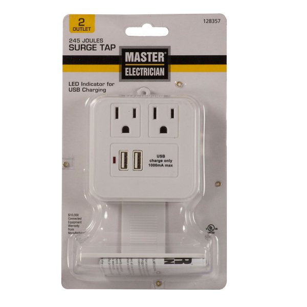 2 Outlet Surge Tap With USB White