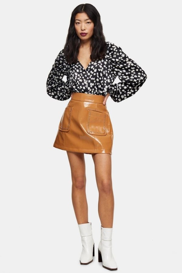 PETITE Caramel Brown Vinyl Stud Pocket Mini Skirt