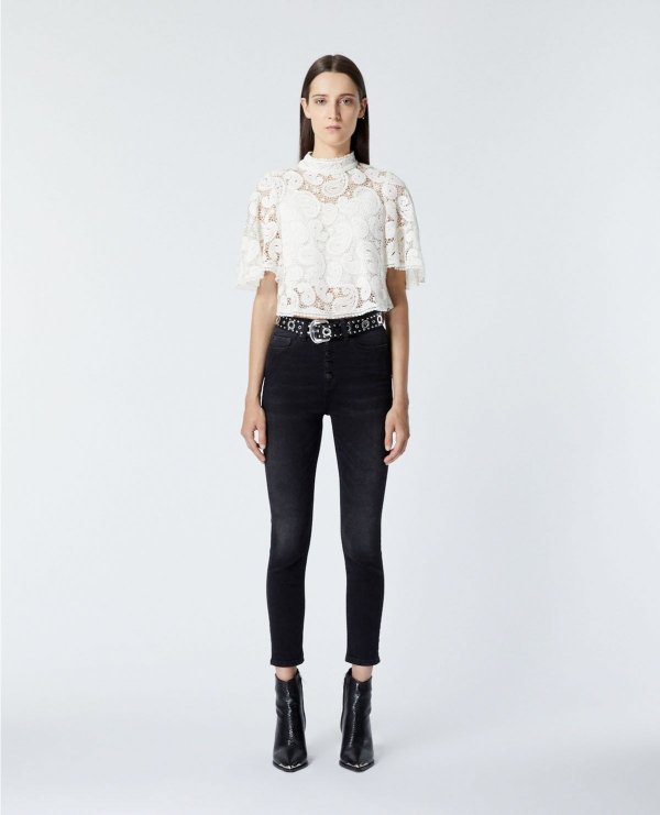 Ecru lace top with high neck and frills