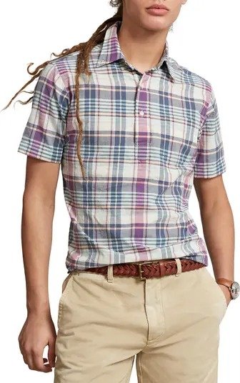 Madras Plaid Half Placket Short Sleeve Cotton Button-Down Shirt