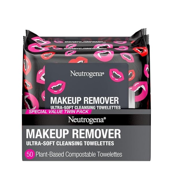 Makeup Remover Face Wipes, Daily Facial Cleansing Towelettes, Gently Removes Oil & Makeup Including Stubborn Halloween Makeup, 100% Plant-Based Fibers, Twin Pack, 2 x 25 ct